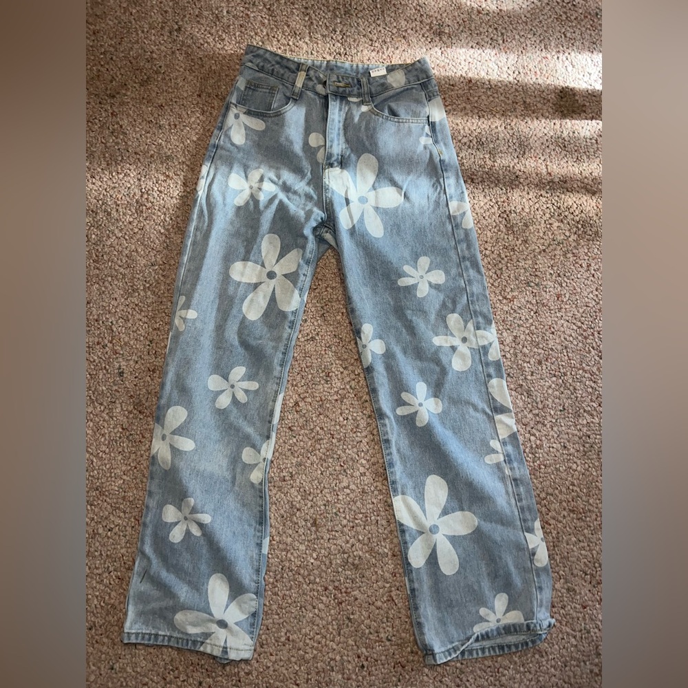 Floral Patterned Blue Jeans